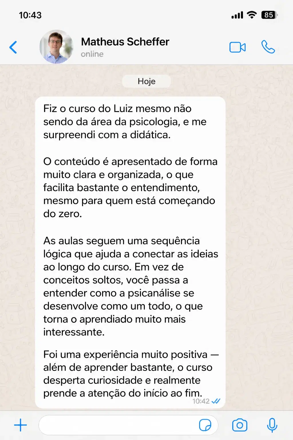 Depoimento de aluno via WhatsApp