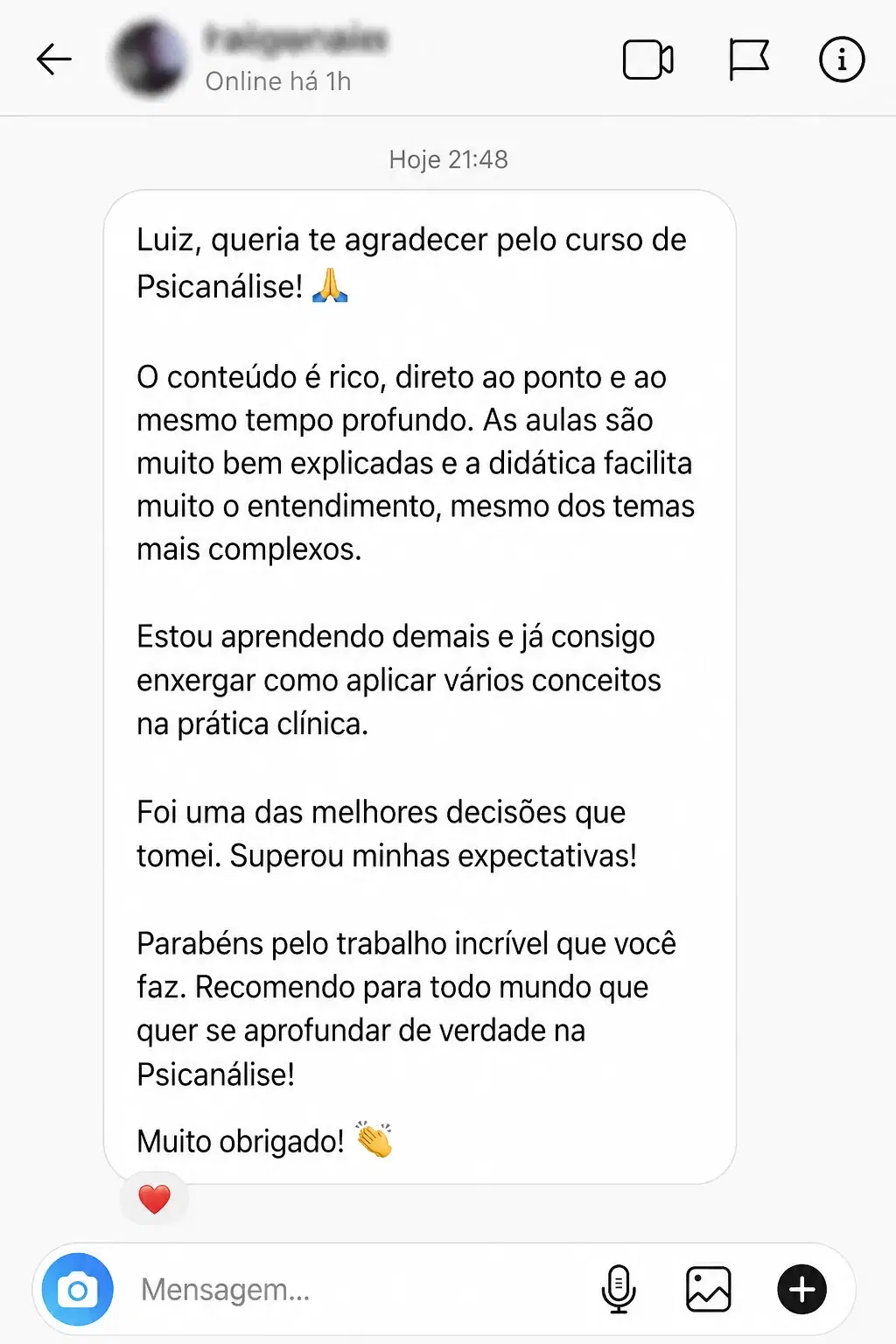 Depoimento de aluno via Instagram