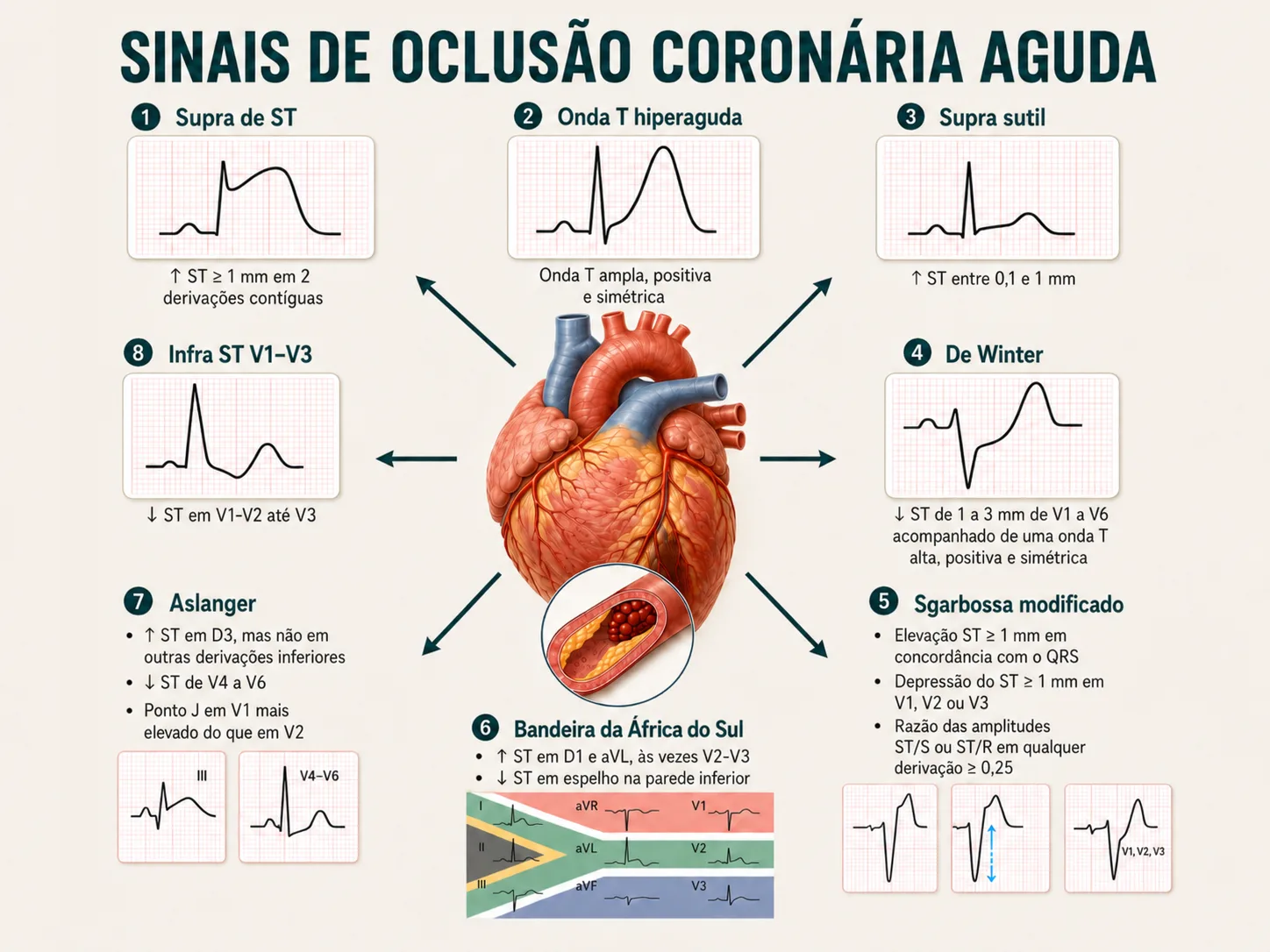 Sinais de oclusão coronária aguda no ECG — supra de ST, onda T hiperaguda, supra sutil, De Winter, Sgarbossa modificado, bandeira da África do Sul, Aslanger e infra de ST em V1–V3