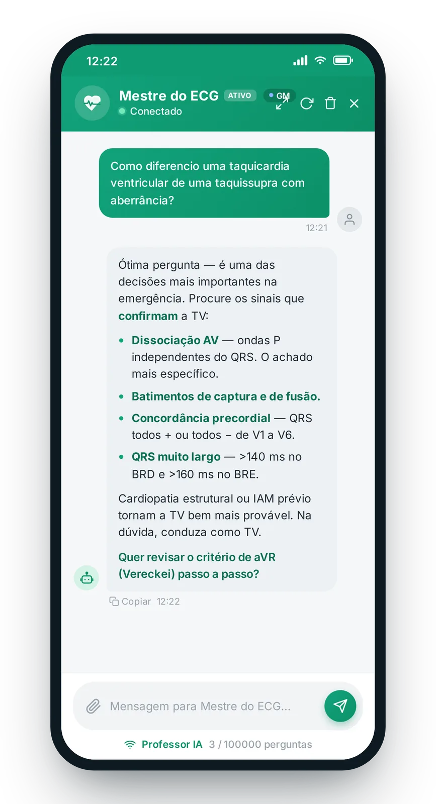 Chat da IA Mestre do ECG no celular respondendo como diferenciar taquicardia ventricular de taquissupra com aberrância
