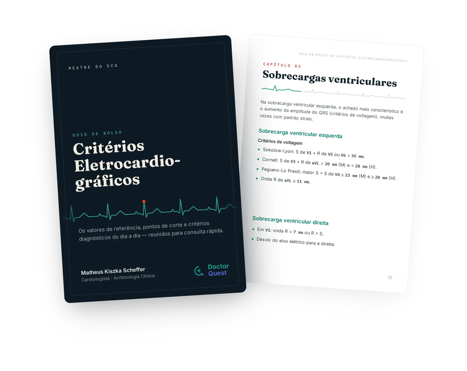 Mockup do Guia de Bolso de Critérios Eletrocardiográficos — capa e página interna sobre sobrecargas ventriculares