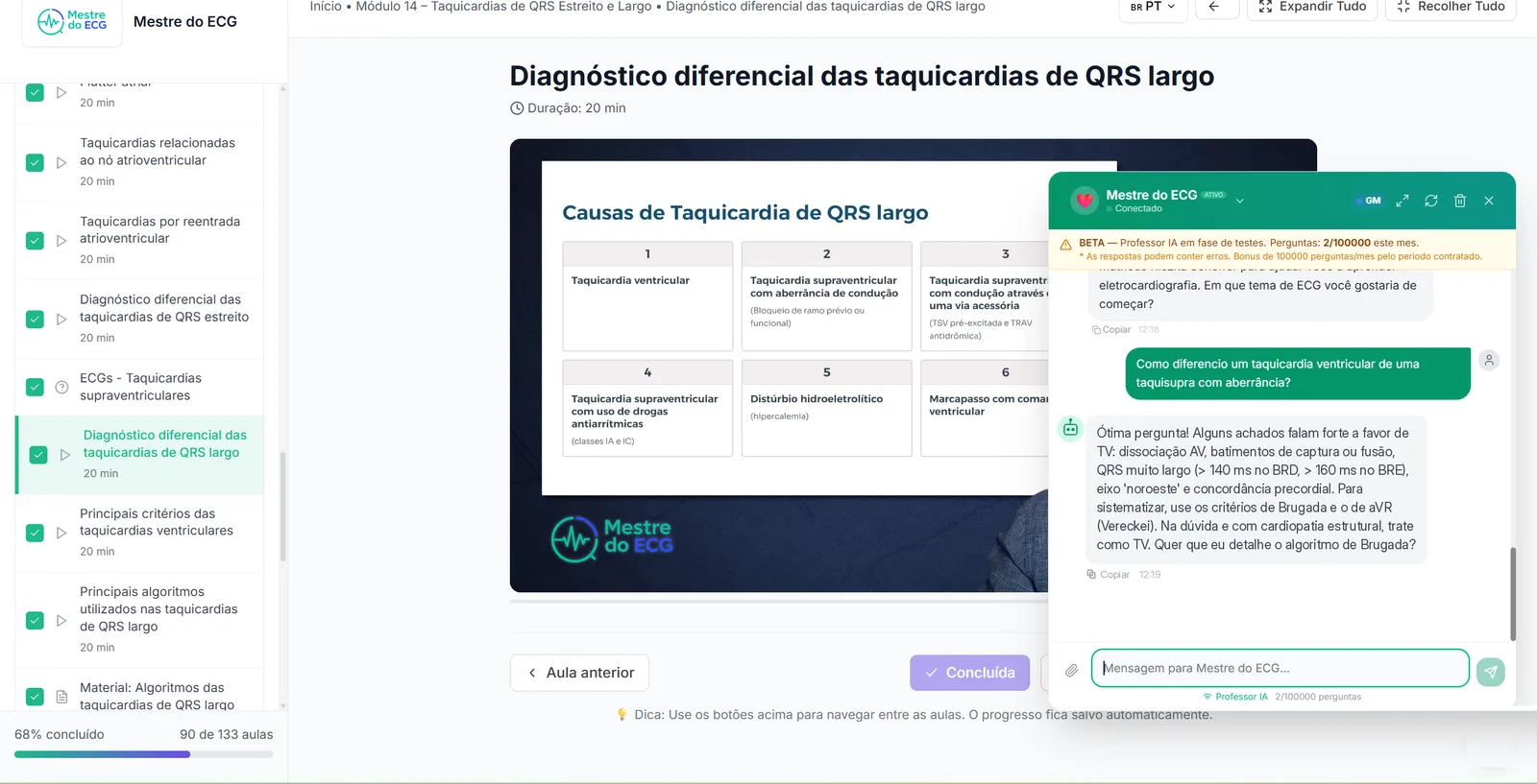 Chat da IA Mestre do ECG respondendo em tempo real uma dúvida sobre taquicardia de QRS largo