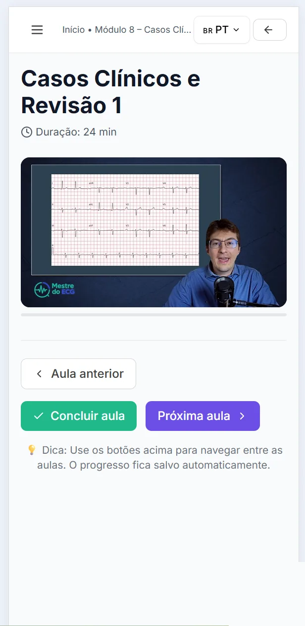 Aplicativo do curso no celular: aula “Casos Clínicos e Revisão 1” com player de vídeo